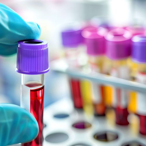 Medical professional handling a blood sample in a vial, part of a collection of samples in a lab setting.