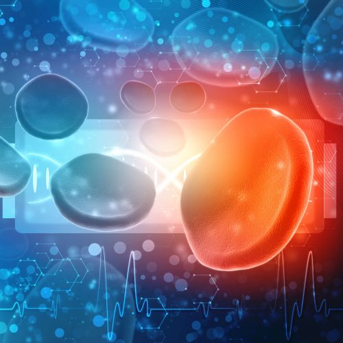 Close-up of several blue-tinted biconcave blood cells and one prominent orange-red blood cell against a digital backdrop with DNA strands, hexagonal patterns, and an EKG waveform.